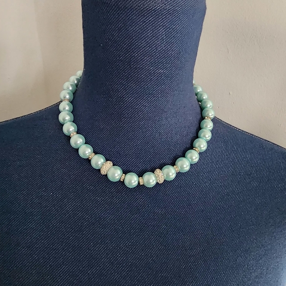 Aqua Blue Glass Pearl and Rhinestone Necklace Earrings and Bracelet Set - Picture 13 of 15